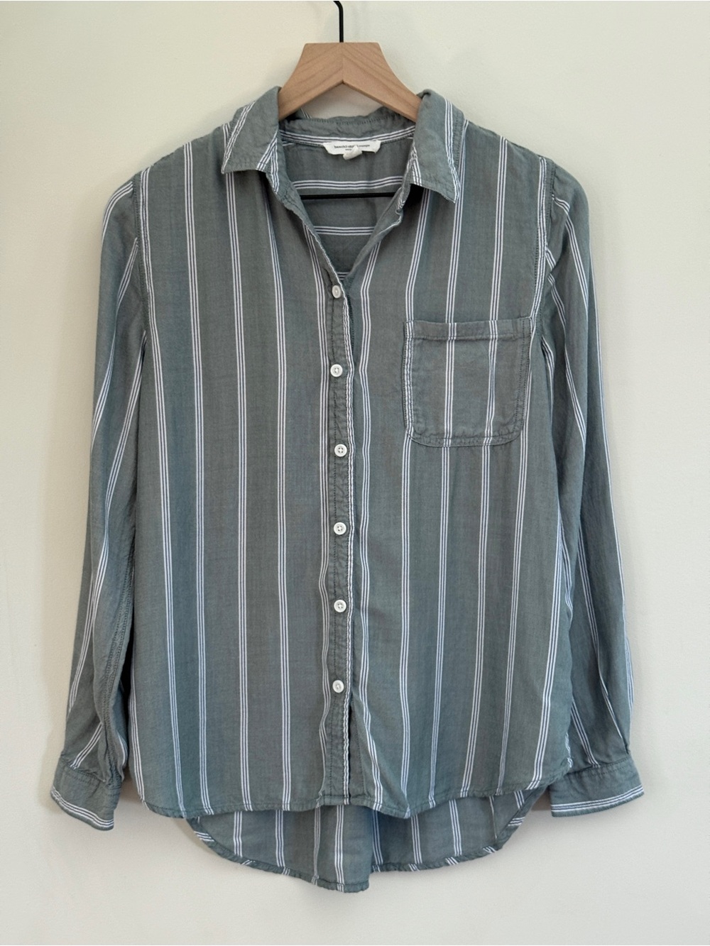 BeachLunchLounge Striped Button Down Shirt Sage Green White Long Sleeve